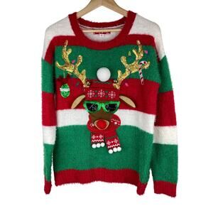 33 Degrees Unisex M Fuzzy Striped Rudolph Reindeer Ugly Christmas Sweater